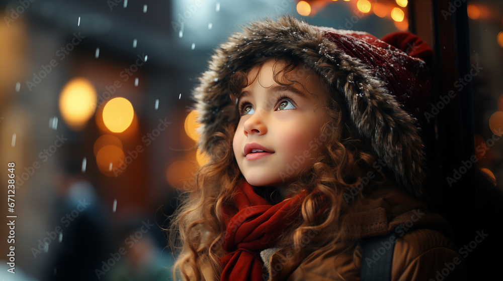 Portrait of a girl looking and dreaming near the Christmas shop window at the traditional Christmas market. The concept of celebrating Christmas in childhood. Generative AI Portrait of a girl looking and dreaming near the Christmas shop window at the traditional Christmas market. The concept of celebrating Christmas in childhood. Generative AI