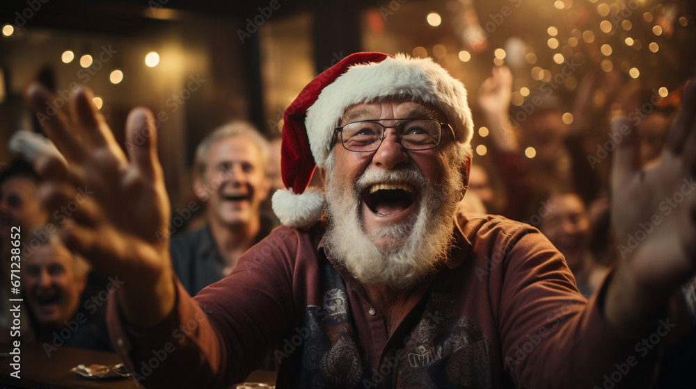 80 year old happy old man celebrating Christmas in pub wearing a santa claus hat 80 year old happy old man celebrating Christmas in pub wearing a santa claus hat