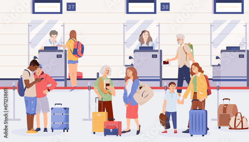 People with luggage at airport check-in counters. Terminal desks during registration for flight. Passenger control airline staff checking tickets, passports, boarding passes and baggage. Flat vector