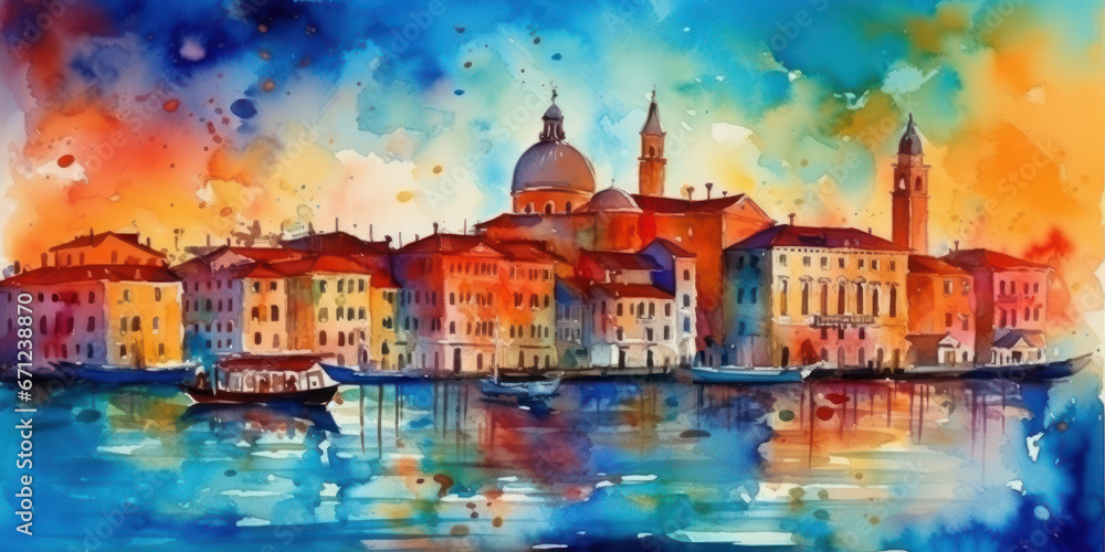 Watercolor drawing of the City of Venice. Generative AI.