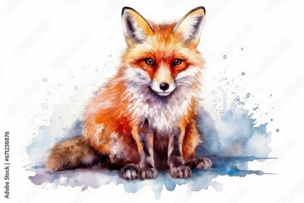 Watercolor drawing of a fox on a white background. Generative AI. Watercolor drawing of a fox on a white background. Generative AI.