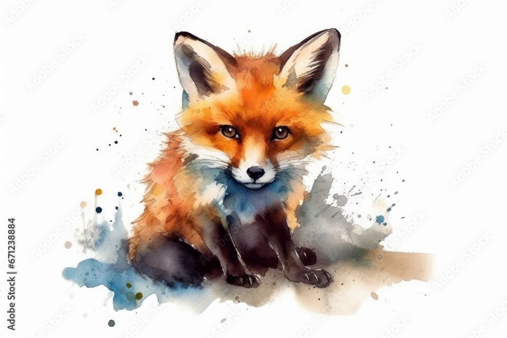 Watercolor drawing of a fox on a white background. Generative AI. Watercolor drawing of a fox on a white background. Generative AI.