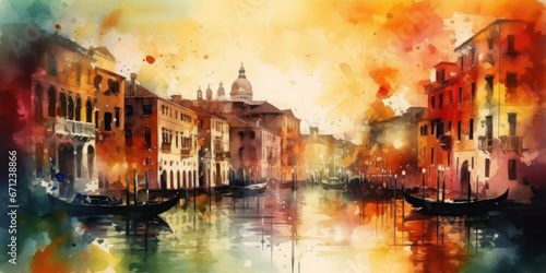 Watercolor drawing of the City of Venice. Generative AI. © Agustin