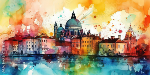 Watercolor drawing of the City of Venice. Generative AI. photo