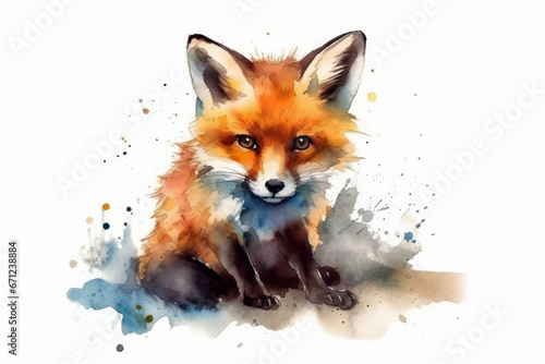 Watercolor drawing of a fox on a white background. Generative AI. © Agustin