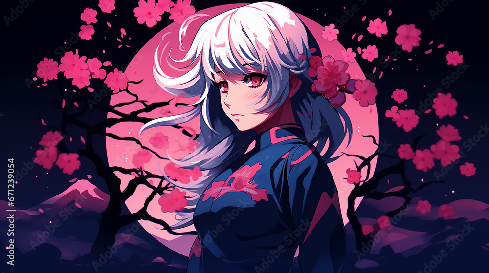 illustration of anime girl with sakura and moon illustration of anime girl with sakura and moon