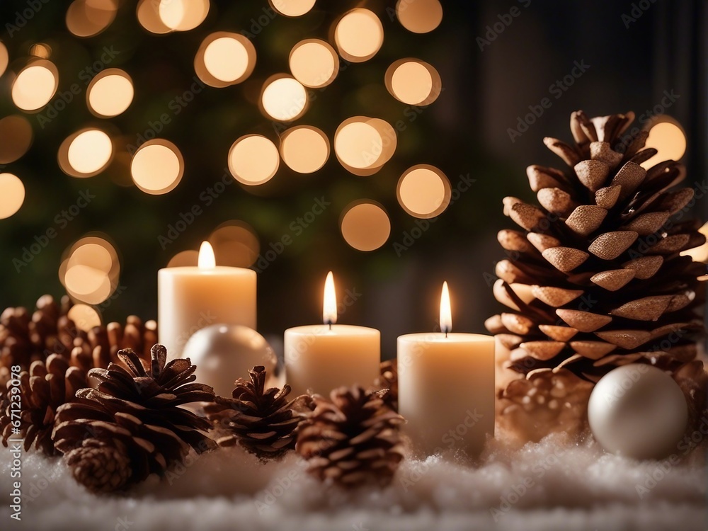 decorative ornaments for christmas, pine cones, candles, led lights, with copy space


