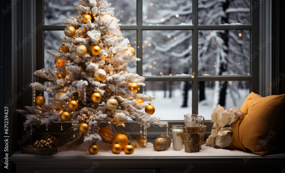 A christmas tree near a window in the style. A Festive Christmas Tree Adorning a Cozy Window Sill. A decorated christmas tree sitting on top of a window sill