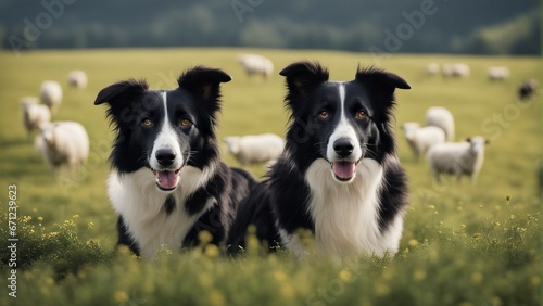 happy and smiling border collie sheepdog inside the sheeps blurred in the background  © abu