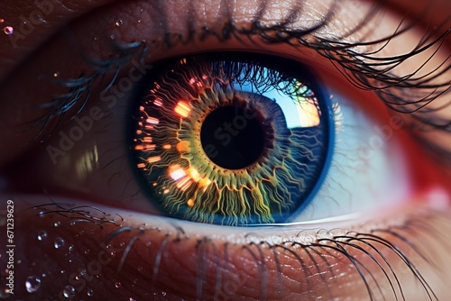 Close-up of colorful human eye with light sparks