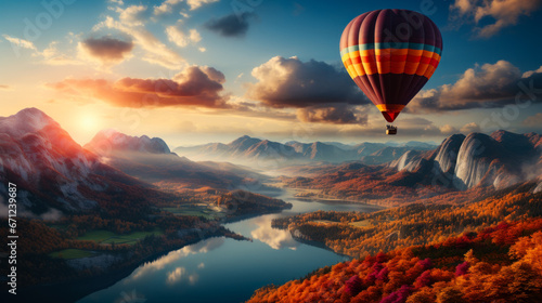 A colorful hot air balloon is near the sunlight. A hot air balloon flying over a mountain range