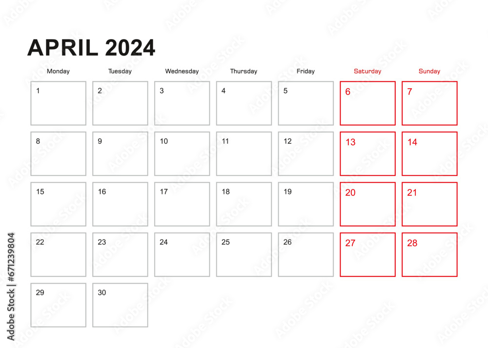 Wall planner for April 2024 in English language, week starts in Monday. Wall planner for April 2024 in English language, week starts in Monday.