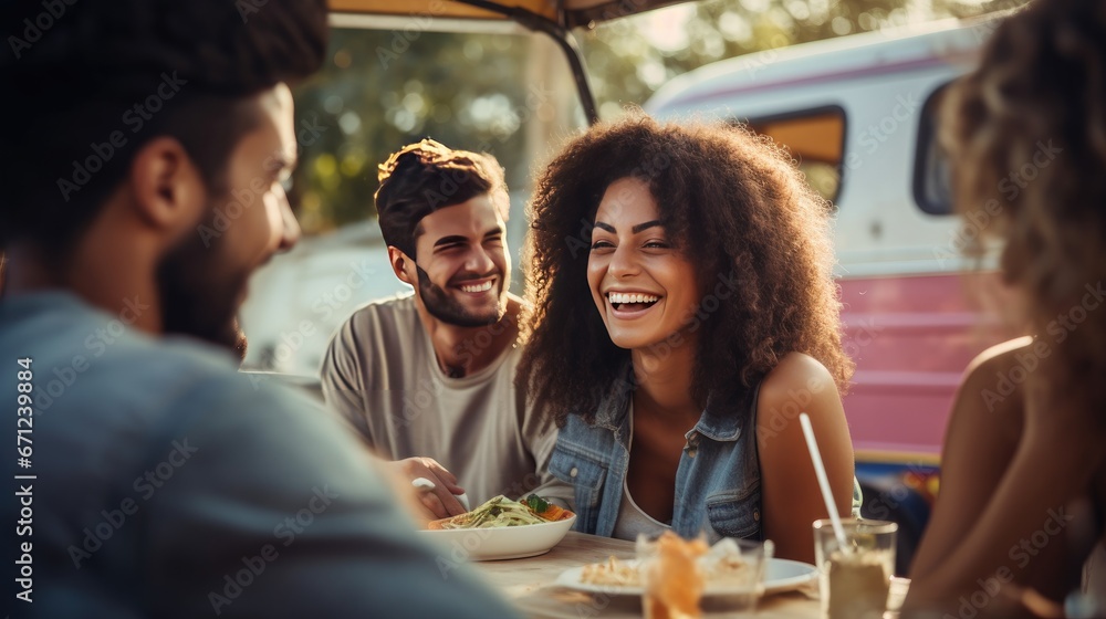 Obraz premium Happy multiracial friends sitting at table with food and having fun together in food truck. Lifestyle. Generative AI