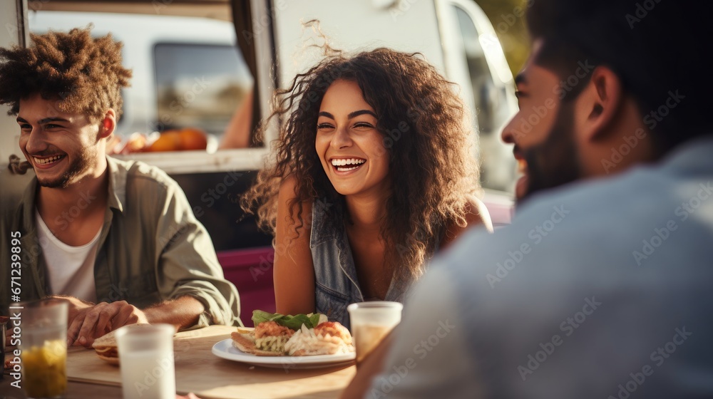 Group of happy multiracial friends sitting at table with food and having fun together in food truck. Lifestyle. Generative AI