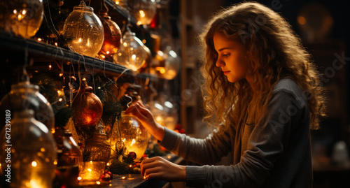 A girl decorating a christmas tree. A woman is looking at a shelf full of lights