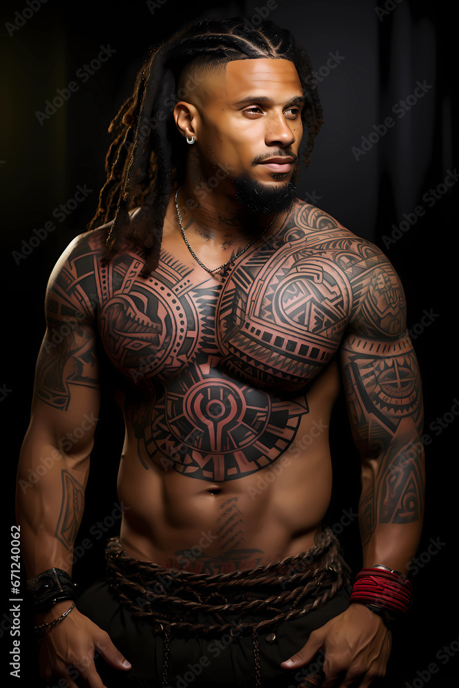 Portrait of a dark-skinned African man with ethnic tattoos on his body and face. Face close up, high detail, illustration