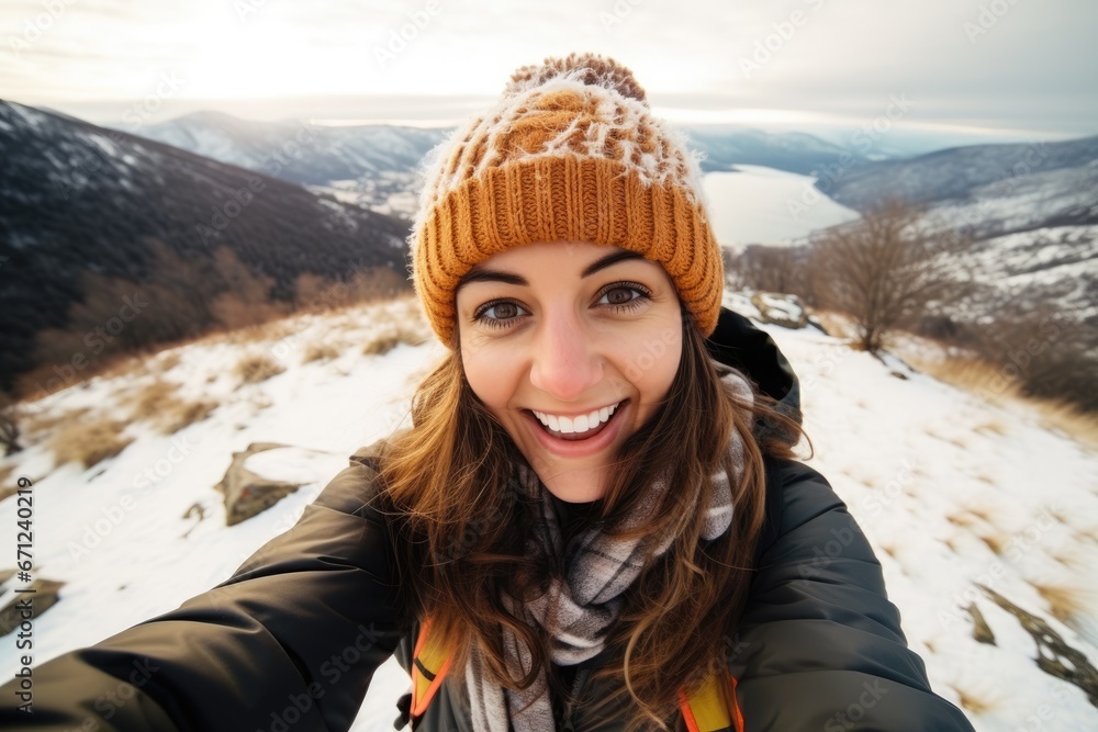 Social Media influencer Young hiker woman taking selfie video portrait on the top of mountain