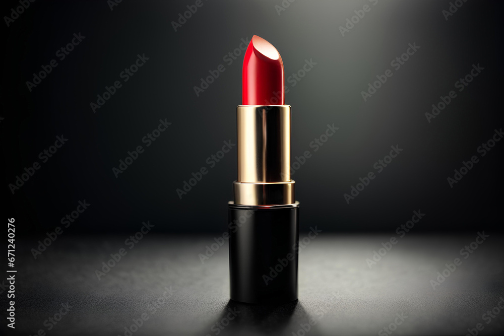 Red lipstick on dark background. Makeup and beauty product. Commercial promotional photo - obrazy, fototapety, plakaty 