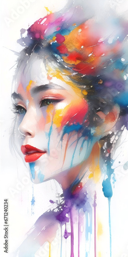 Portrait of beautiful asian woman with creative make-up and colorful blots. Watercolor illustration