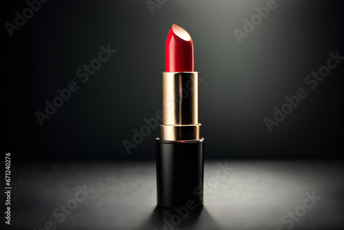 Red lipstick on dark background. Makeup and beauty product. Commercial promotional photo