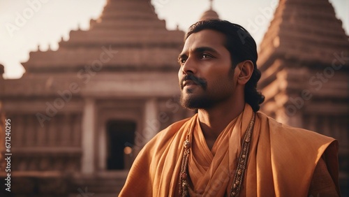 portrait of a Hindu man at sunrise in front of the temple, wearing traditional clothes
 photo