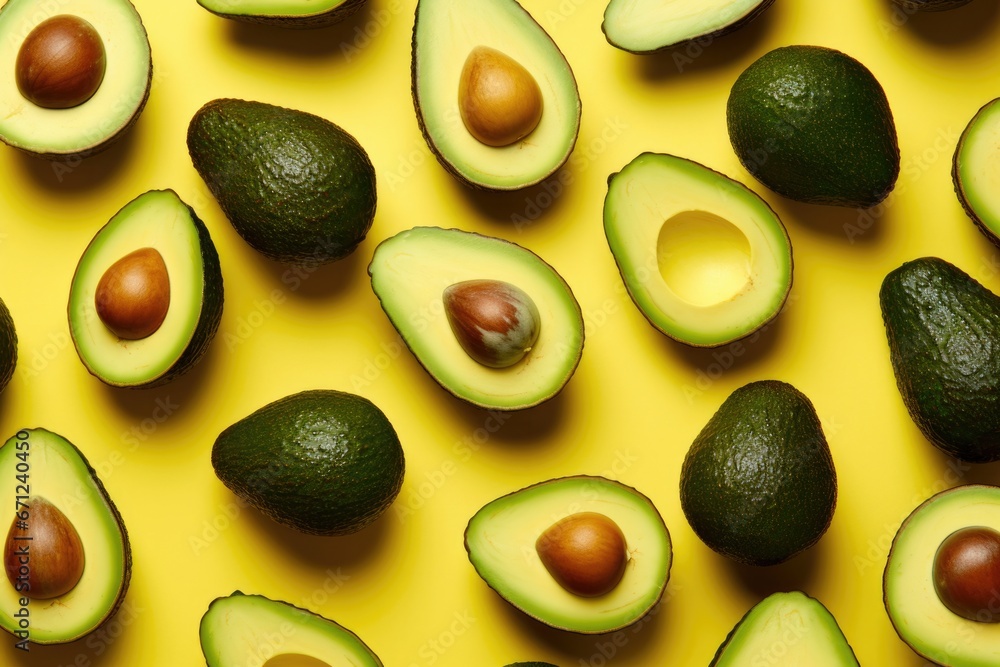 Beautiful avocados whole and cut in half lie on a yellow background Beautiful avocados whole and cut in half lie on a yellow background
