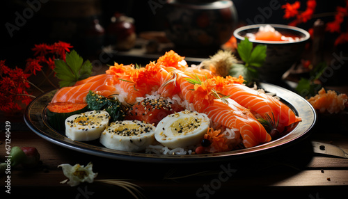 A Delicious Assortment of Sushi and Tempting Dishes on a Scenic Table