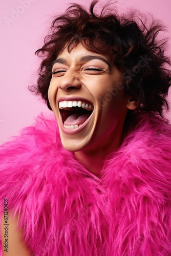 A transsexual man in pink clothes laughs on a pink background