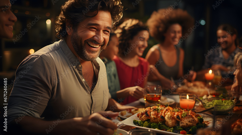 Group of friends having dinner together at a rooftop party. Men and women sitting at the table and eating.