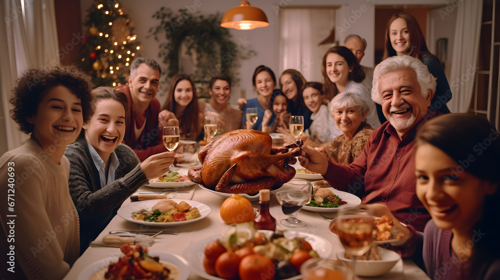 Group of multiethnic friends having dinner together at home. Cheerful mature men and women sitting at festive table and celebrating Thanksgiving.
