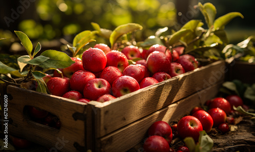 A Crate Overflowing With Juicy, Crimson Apples. A wooden crate filled with lots of red apples
