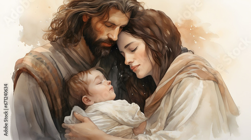 Leinwand Poster Portrait of Mary and Joseph with his baby Jesus Christ