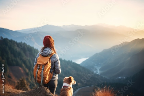 Tourist with a dog on a mountain peak photo
