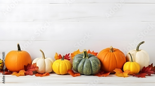 Autumn background with pumpkins and leaves on white wooden background. Thanksgiving concept with copy space.