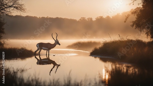 gazelle drinking from a foggy and cloudy river at sunrise  