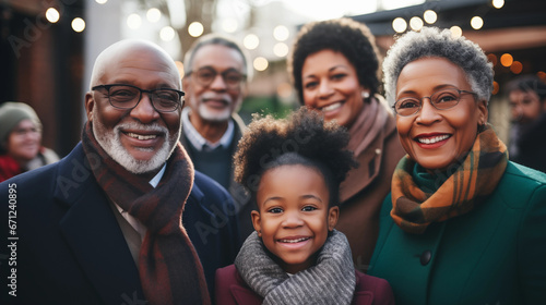 A family portrait with multiple generations from baby to great-grandparents, African American family, blurred background, with copy space