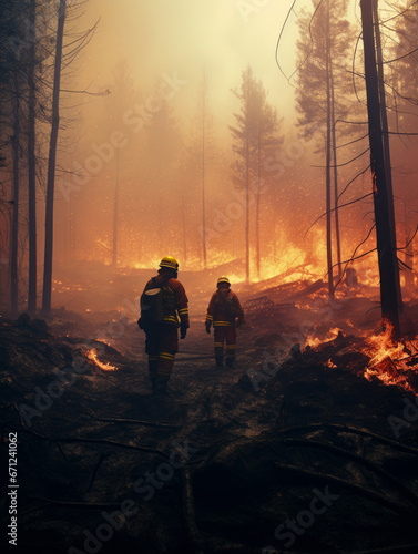 Firefighters Battling Wildfires in Thick Forest. A couple of fire fighters walking through a forest