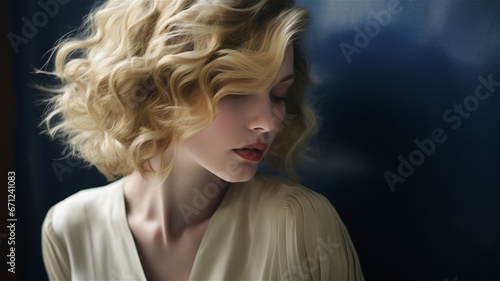 Three-quarter profile of a female model with short blond wavy hair and wearing a white dress. Blue background. Moody and romantic pose.