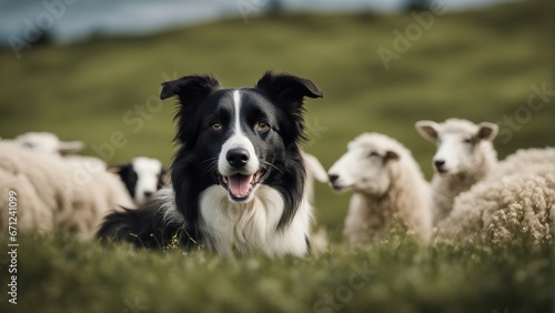 happy and smiling border collie sheepdog inside the sheeps blurred in the background 