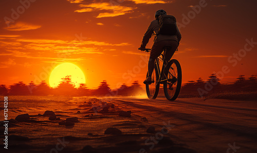 Man ride bicycle with sunset silhouette stock photo. A person riding a bike on a dirt road at sunset