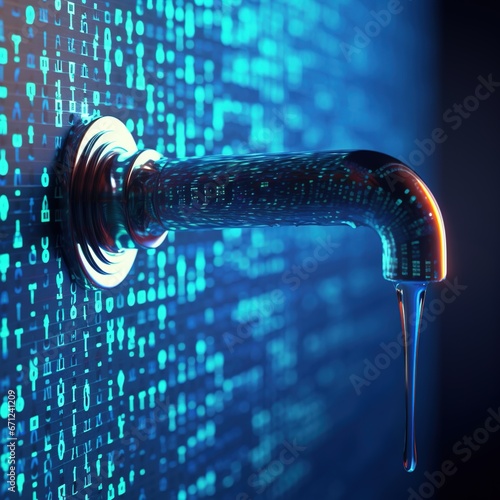 data breach or leak concept data flowing from a faucet. software code leaking.  photo