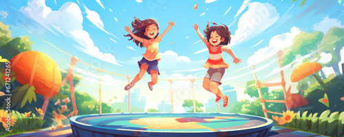 two happy kids friends jumping happy and excited playing on a trampoline amusement park cartoon illustration style for active fun joy time of children and active play photo