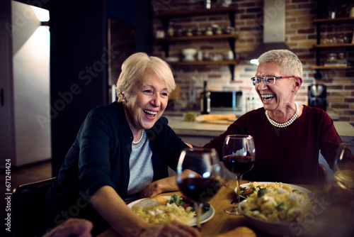 Joyful elderly couple sharing a wine and dinner moment