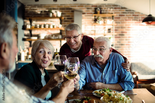 Senior friend group having wine and dinner at home together