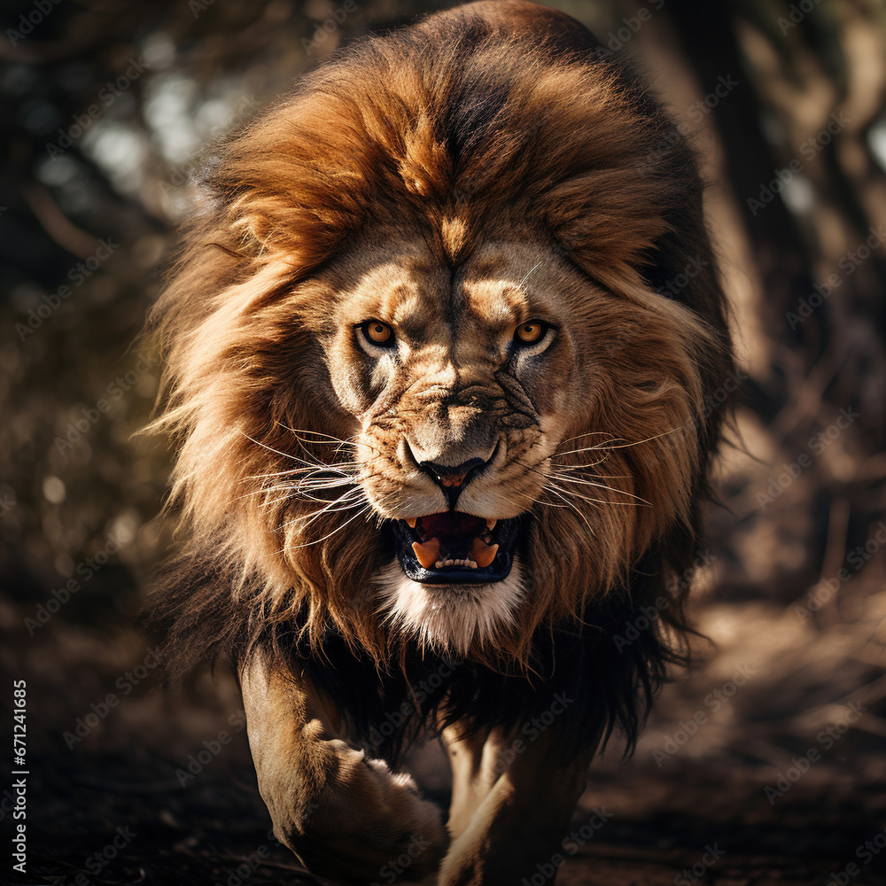 Fototapeta premium Lion looking in camera angry showing teeth portrait powerfull eyes 