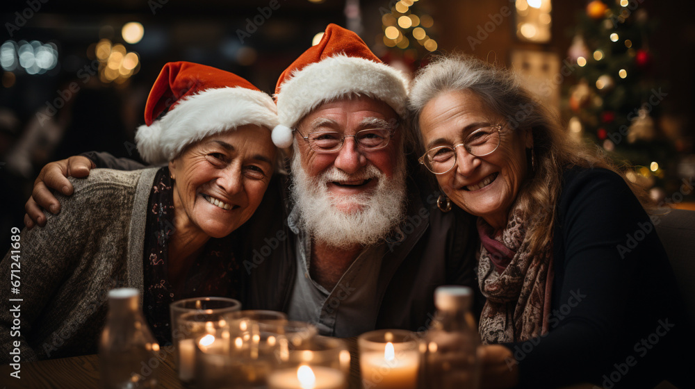 80 year old happy old man celebrating Christmas in pub wearing a santa claus hat 80 year old happy old man celebrating Christmas in pub wearing a santa claus hat
