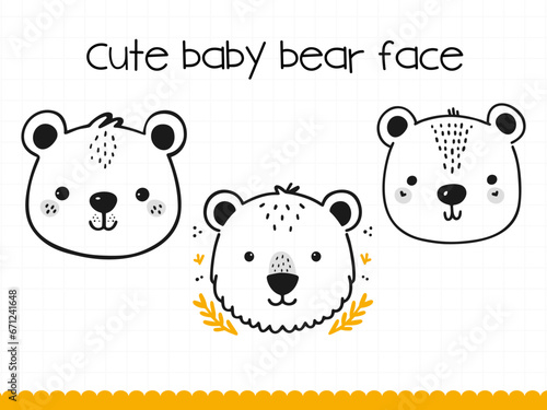 Cute bear face in simple doodle style set. Vector illustration.