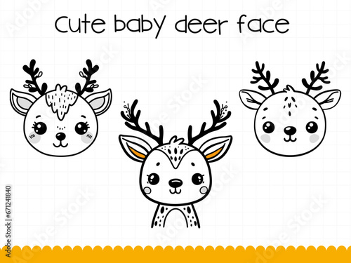 Cute deer face in simple doodle style set. Vector illustration.