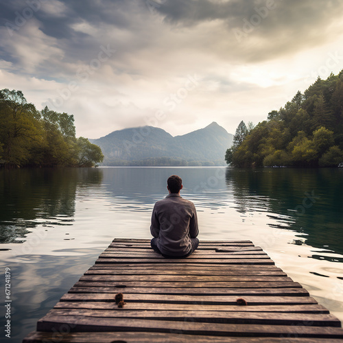 Man sitting in lotus pose on a jetty pier looking at a lake, calm and contemplating meditation