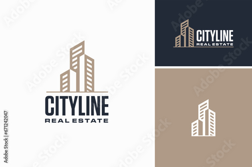 Line Art Apartment Building Real Estate for Modern City Skyline Logo Design